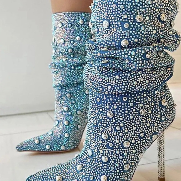 Urban Outfitters Azalea Wang Challengers Rhinestone Denim Boots Stiletto - Picture 5 of 12